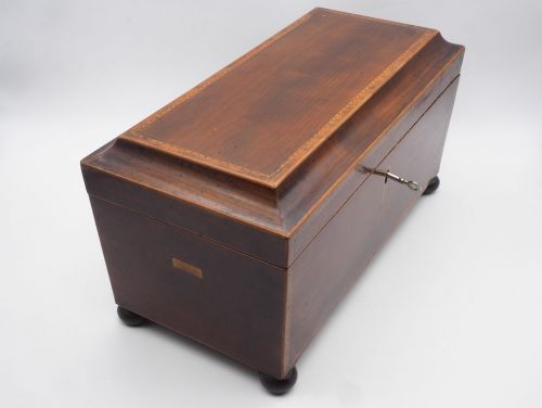 George 3rd Mahogany & Inlaid Tea Caddy, Complete. 
