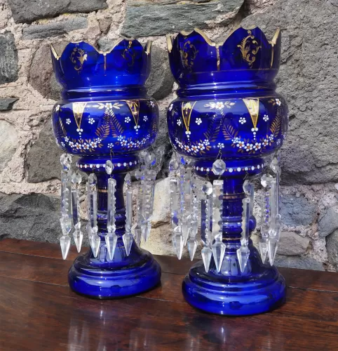 Stunning Pair of Victorian Blue Lustres