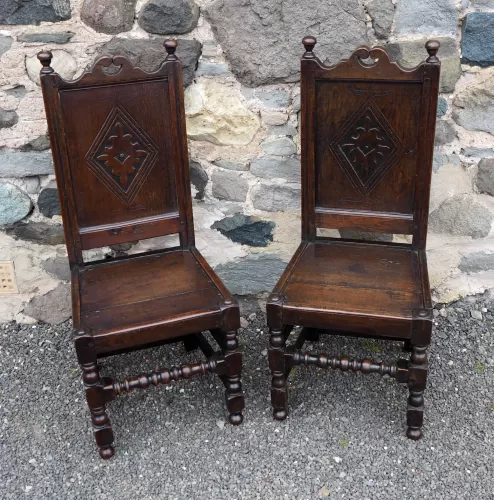 Pair 17th Century Oak Hall Chairs